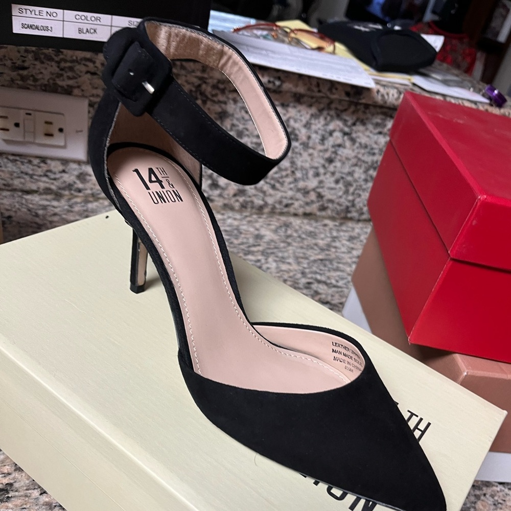 14th & Union suede ankle strap pointy heels, 8.5M
